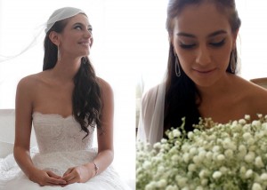 beberapa saat sebelum janji suci di ucapkan, marissa terlihat cantik dengan gaun wedding berwarna puith dengan bunga di tangannya.